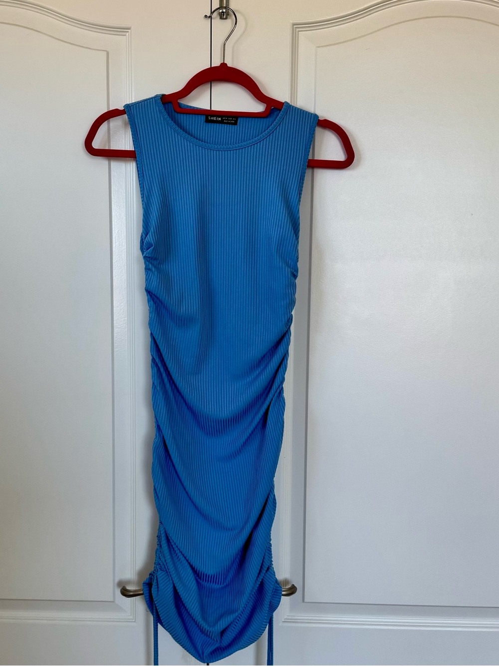 SHEIN Blue Ruched Side Tie Ribbed Knit Stretch Tank Bodycon Dress, medium